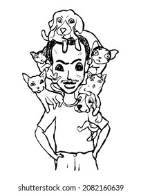A man carries dogs   cats his shoulder   head  vector illustration 