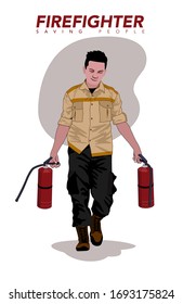 a man carries a fire extinguisher for a fire fighting training. vector illustration.