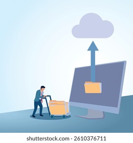A man carries a folder to a laptop to upload to the cloud. A metaphorical illustration for data archive, file management and document access.