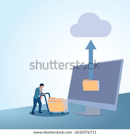 A man carries a folder to a laptop to upload to the cloud. A metaphorical illustration for data archive, file management and document access.