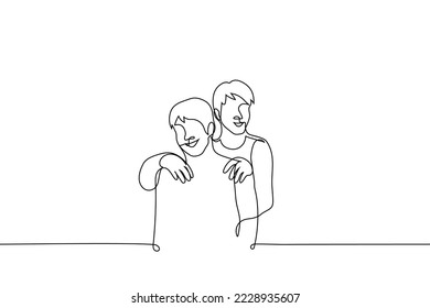 man carries a friend on his back - one line drawing vector. concept smiling friends, skinship