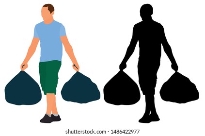 Man carries garbage bags. Vector silhouette illustration