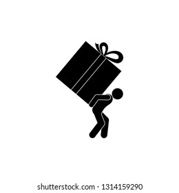 Man carries a gift icon. Human silhouette pictogram. Big box.