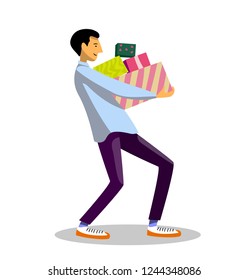 A man carries a lot of gifts in boxes. Bright gift boxes. Flat colorful vector illustration.