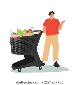 A man carries a grocery basket full of groceries in a supermarket. Vector illustration in cartoon style