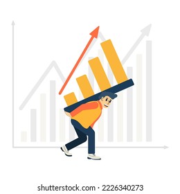 Man carries a growing chart on his back. Concept of working man boosting the economy. Graph diagram
