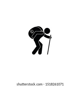 man carries a heavy backpack on his back, stick figure people icon, isolated traveler pictogram