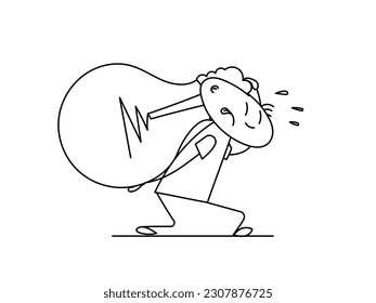 The man carries a heavy light bulb on his back. Conceptual vector minimalistic illustration about a hard-to-implement idea, the hard work of an inventor, and a difficult solution to a problem.