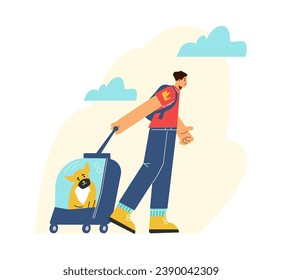 The man carries with him plastic pets cage. Dog sits in the carrier on wheels. Traveling with pets, visiting a veterinarian. Comfortable transportation of animal in trip vector illustration