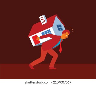 A man carries a house on his back. The house has a dollar sign on the chimney.