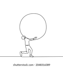 man carries a huge ball - one line drawing vector. the concept of overwhelming burden, torment, hard work