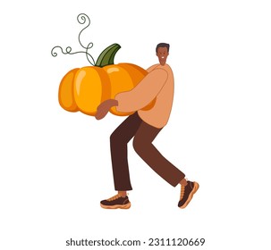 Man carries huge pumpkin. Harvesting, preparing food for holiday, agricultural work. Autumn vegetable. Autumn, Thanksgiving Vector Design for poster, banner, invitation. Vegetable-harvesting farmer.