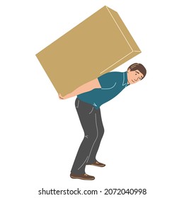 A man carries a large box on his back. A courier or loader helps with moving. Flat vector illustration.