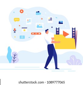 A man carries a large folder with media files. Engaging content concept. Communication with subscribers vector illustration.