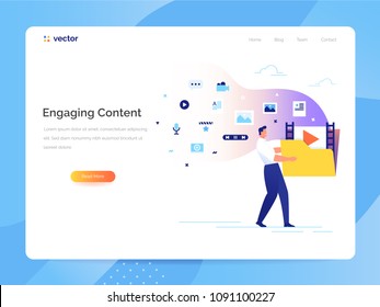 A man carries a large folder with media files. Engaging content concept. Communication with subscribers vector illustration.