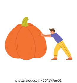 Man carries a large pumpkin Flat Vector Illustration. Playful autumn character design for seasonal packaging, fall festival, harvest, Halloween