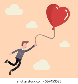 Man carries love to the seventh heaven of happiness. Flat. Vector.