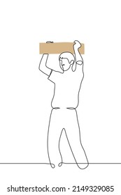 Man Carries A Low Wooden Box Or Box On His Head - One Line Drawing Vector. The Concept Of A Loader, Carry To Transport Things