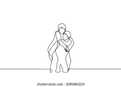 man carries on back another - one line drawing vector. piggyback concept 