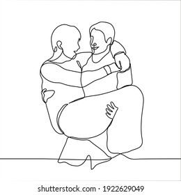 man carries the other in his arms, both friends are smiling - one line drawing. Vector illustration of two friends, partners, lovers, members of the same team