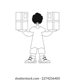 Man carries package in hands. Delivery service. Flat design. Vector art.