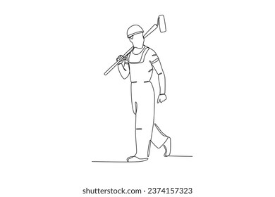 A man carries a paint roller on his shoulders. Painter one-line drawing