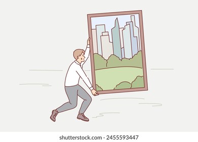 Man carries painting of green metropolis through desert, trying to achieve goal of building new residential complex. Selfless guy in business clothes dreams of erection of metropolis