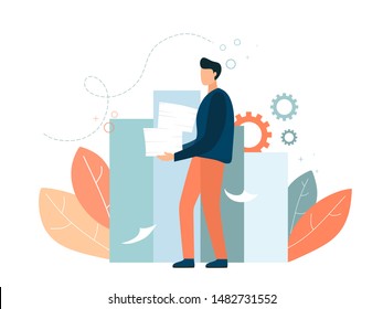 A man carries papers with data and analytics. creative illustration of business graphics.Vector illustration in flat style. Cartoon style