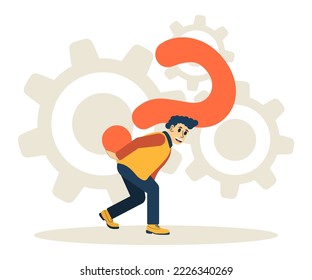 Man carries a question mark on his back. Frequently asked questions. Working gears of mechanism. FAQ
