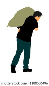 A man carries a sack on shoulder vector illustration. Toiler worker. Tired sweats construction worker with bag on back. Hard worker on farm. Baggage hand transport. Laborer jack hands transportation.