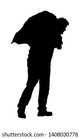 A Man Carries Sack On Shoulder Vector Silhouette. Toiler Worker. Tired Sweats Construction Worker With Bag On Back. Hard Worker On Farm. Baggage Hand Transport. Laborer Hands Transportation Jack