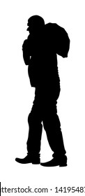 A man carries sack on shoulder vector silhouette. Toiler worker. Tired sweats construction worker with bag on back. Hard worker on farm. Baggage hand transport. Laborer hands transportation jack.