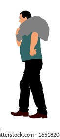 A man carries sack on shoulder vector illustration. Toiler worker. Tired sweats construction worker with bag on back. Hard work on farm. Baggage hand transport. Laborer hands transportation heavy jack