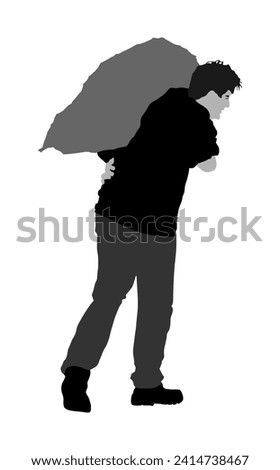 Man carries sack on shoulder vector illustration. Toiler worker. Tired sweats construction worker with bag on back. Hard work on farm. Baggage hand transport. Laborer hands transportation heavy jack