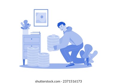 Man carries a stack of coins