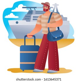 man carries a suitcase and carries a bag on his shoulder, about to go on a trip or a business trip, a large cruise liner is seen behind him,