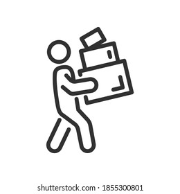 Man carries three boxes of different sizes stacked on top of each other, linear icon. Editable stroke