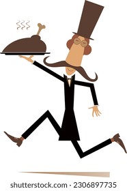 Man carries a tray with meat. 
Running long mustache man in the top hat carries a tray with meat, duck or chicken. Isolated on white background
