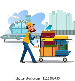 Man carries trolley with luggage for loading in airplane, transportation of suitcases and travel bags by attendants at the airport vector illustration