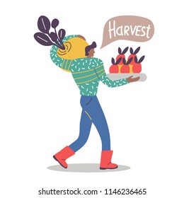 Man carries a turnip and apples. Farmer is holding fruits and vegetable. Vector cartoon illustration with the word - Harvest. Isolated.