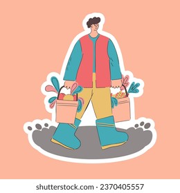 A man carries vegetables in buckets. Sticker. Agricultural autumn work. Harvesting. Flat illustration.