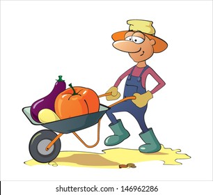 A man carries vegetables in a wheelbarrow
