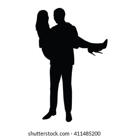 Man carries woman in his arms. Vector silhouette of the happy couple. Man in suit, woman in skirt and high heels shoes