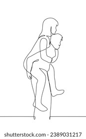 man carries woman on his back - one line art vector. concept piggyback