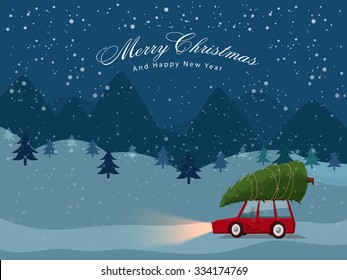 Hombre carga un árbol de Navidad cerca del auto en el fondo de la noche de invierno para Feliz Navidad y Feliz Año Nuevo.