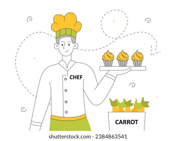 Man with carrot cupcakes line. Homemade bakery and pastry. Young guy with dessert and delicacy. Graphic element for website. Linear flat vector illustration isolated on white background