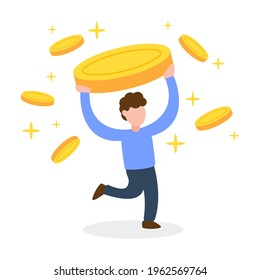Man carry a big gold coin. The creative concept idea of saving money, financial, wealth, rich, and investment. Simple trendy cute cartoon character vector illustration. Modern flat style graphic icon