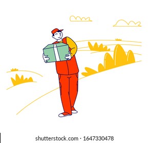 Man Carry Box with Donating Things. Charity Organization Help People in Troubles and Poor Families with Finance Problems. Volunteer Donation Humanitarian Aid. Cartoon Vector Illustration, Line Art