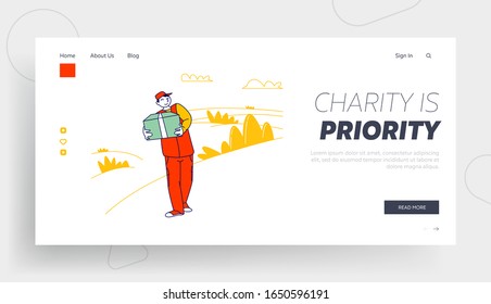 Man Carry Box with Donating Things Website Landing Page. Charity Organization Help People in Troubles, Volunteer Donation Humanitarian Aid Web Page Banner. Cartoon Flat Vector Illustration, Line Art
