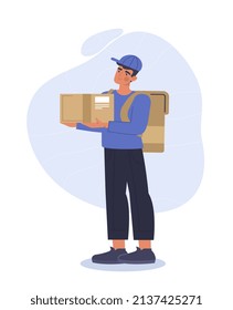 Man carry box. Home delivery, online shopping and marketing. Courier with backpack and parcel. Young guy with food and goods. Loader, moving, owner with things. Cartoon flat vector illustration